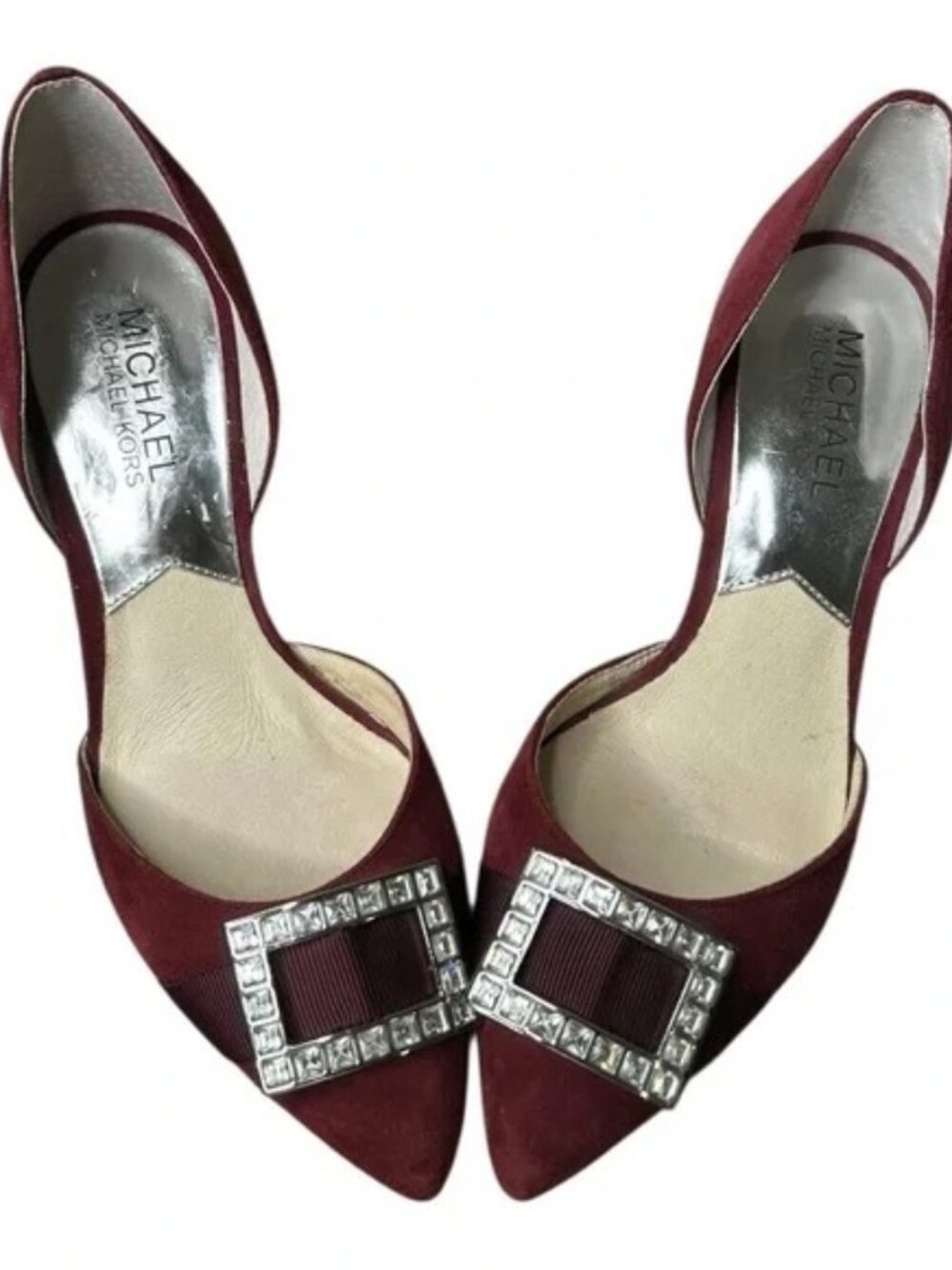 Michael Kors Burgundy Suede Kitten Heels with Rhinestone Buckle – Size 5M